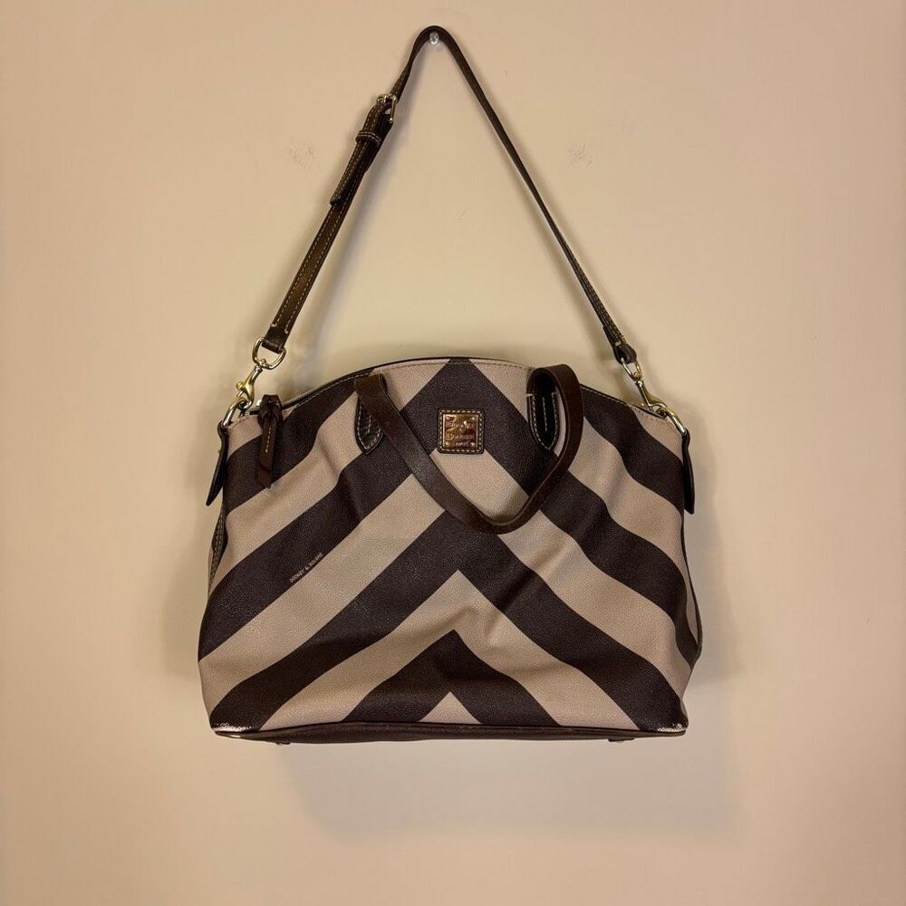 Dooney & Bourke Brown & Tan‎ Leather Striped Large Satchel Purse Bag